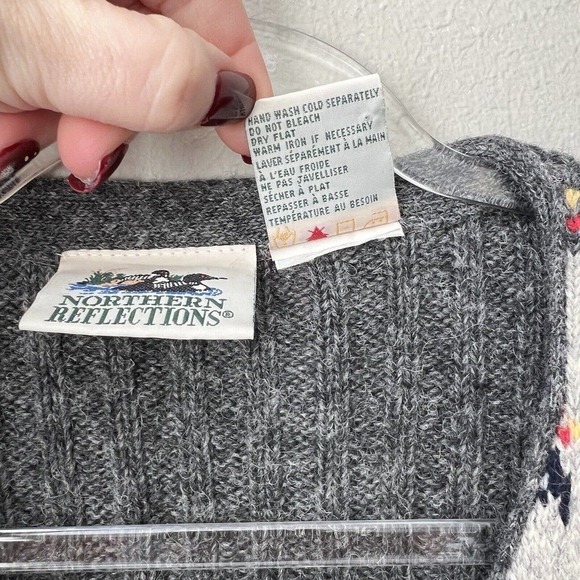 Northern Reflections Womens Fair Isle 100% Wool Full Zip Sweater Gray Nordic Vtg - Picture 4 of 11